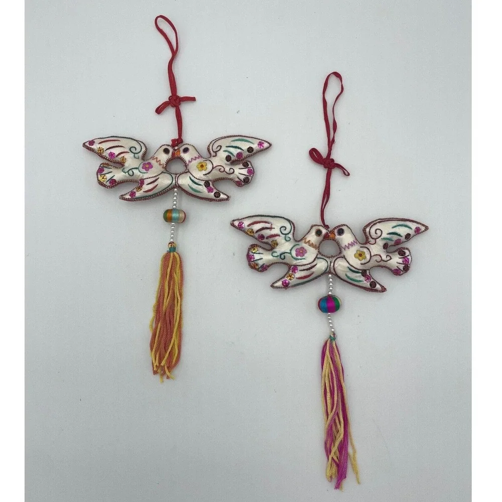 Dove Ornament Pair Embroidered Birds Tassels Hanging‎ Decoration Boho Chic